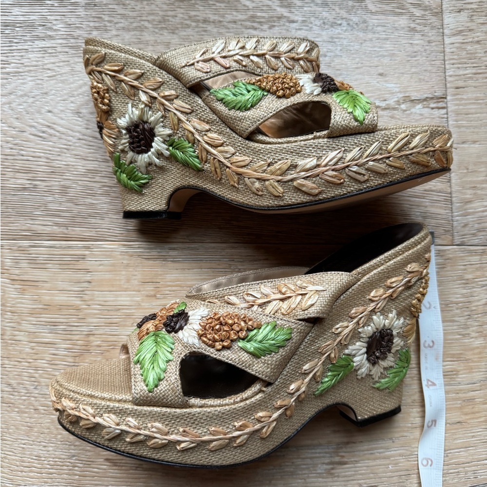 STRAW Bohemian Embroidered wedges sz7.5 Made Italy Isabella Fiore NEW PriceFirm - Picture 7 of 12